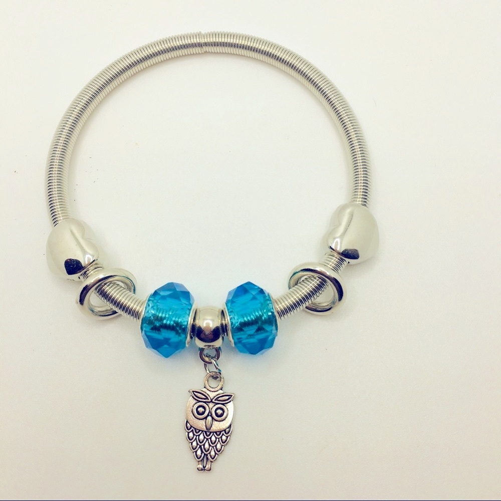 BRACELET OWL WITH BLUE BEADS & silver tone…